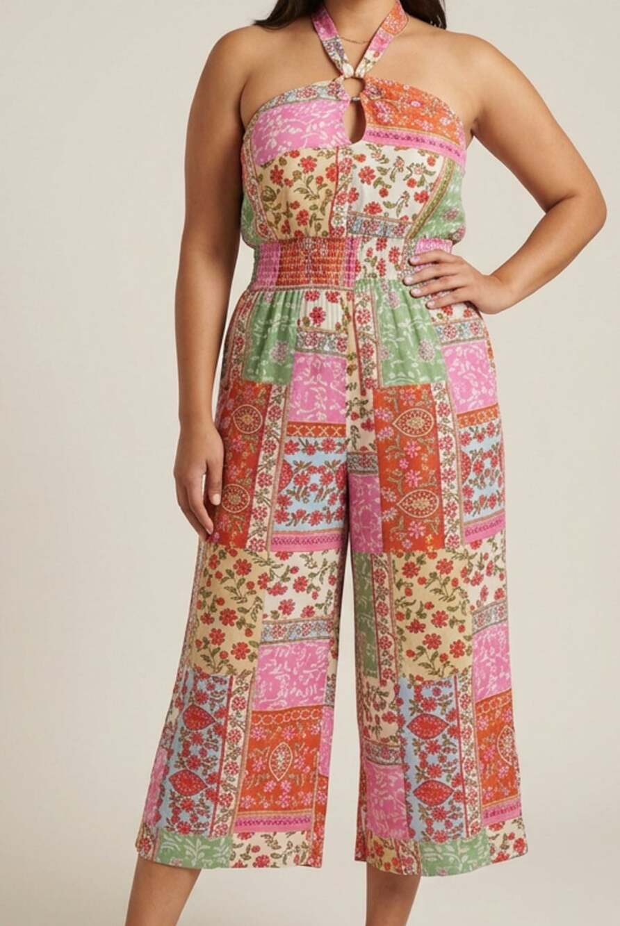 Lucky Brand Seville Crop Halter Jumpsuit Pink Multi Patchwork Boho M